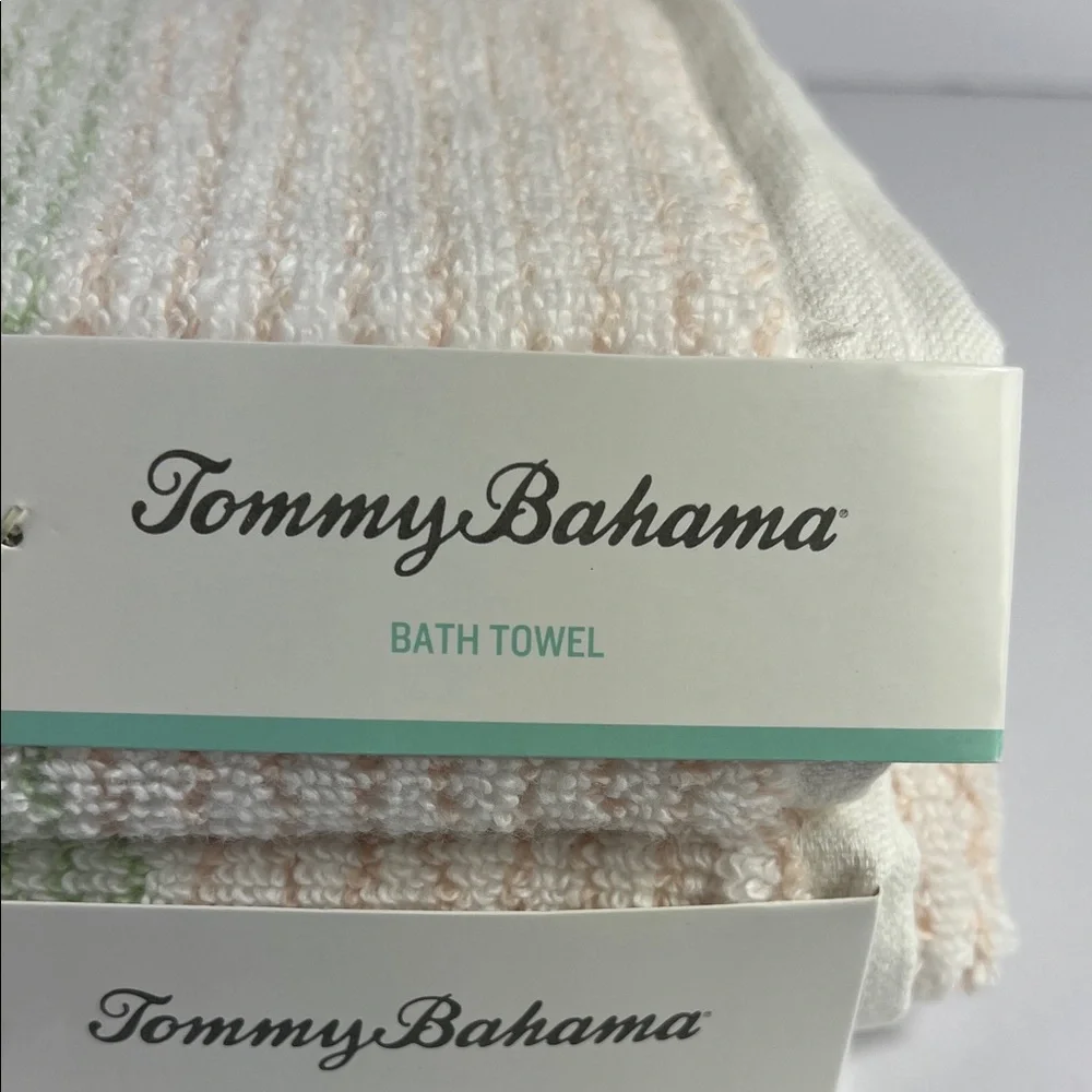 Tommy Bahama Bath Towels Pink Green White Striped Plush Cotton Set of 2 NEW